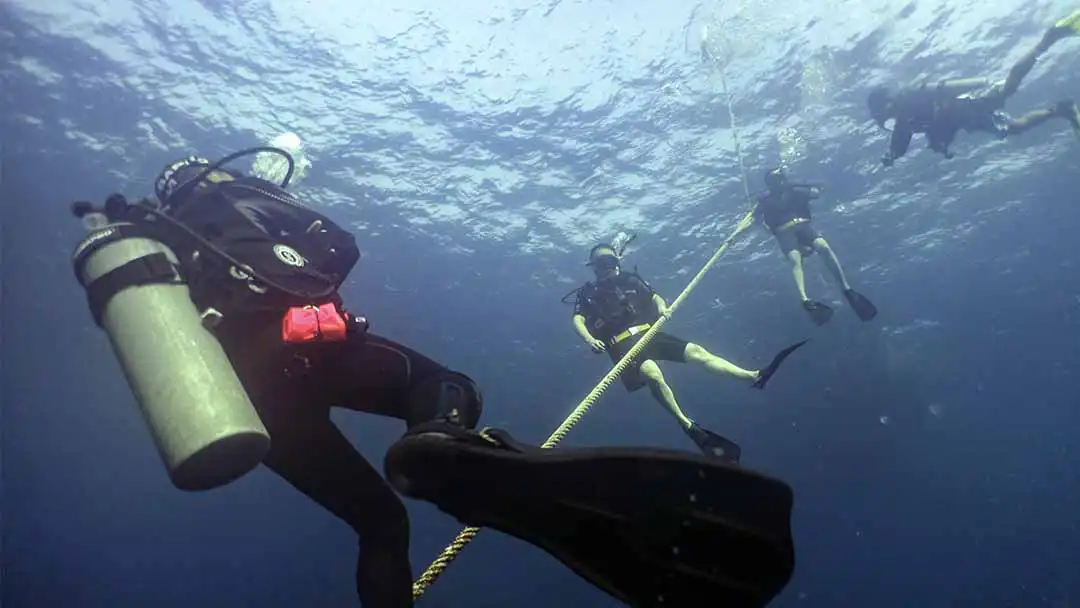 Discover Scuba Diving students descend with instructor