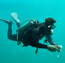 Scuba diver cleaning superyacht
