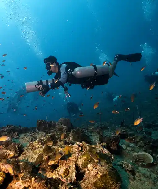 diver over Koh Tao reef in sidemount diving specialty course Thailand