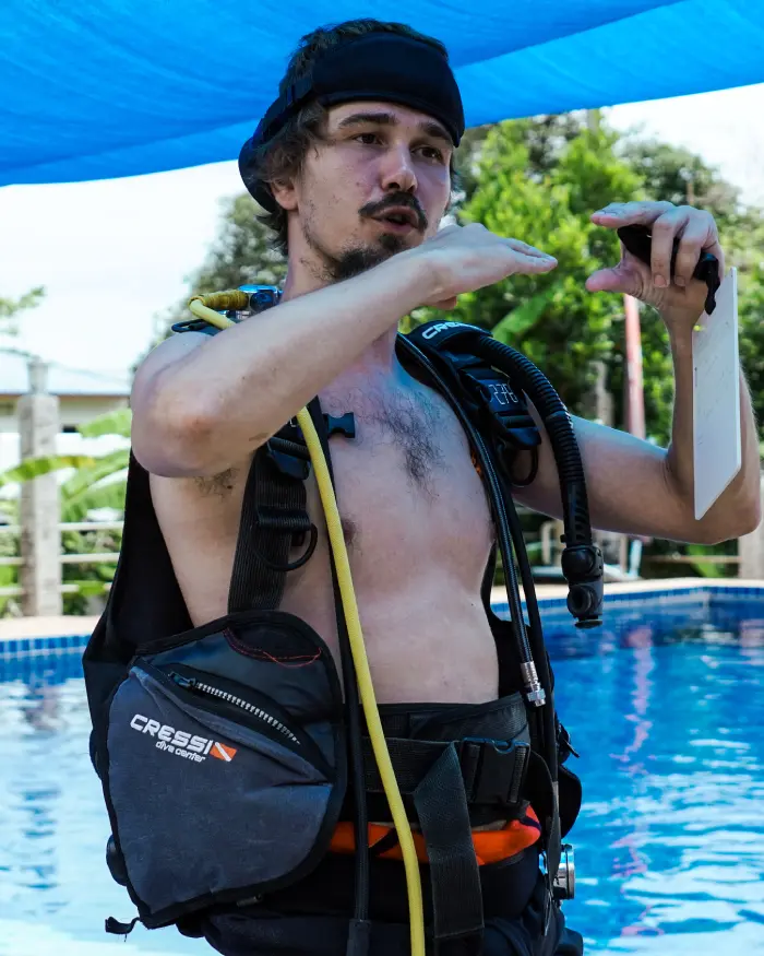 Instructor Course pool presentation Dive instructor course Koh Tao candidate doing pool side presentation