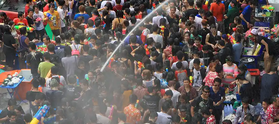 Large crowd of water fighters on Songkran