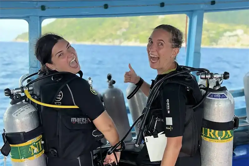Enriched Air Nitrox Specialty course students on the Crystal Dive boat before a dive