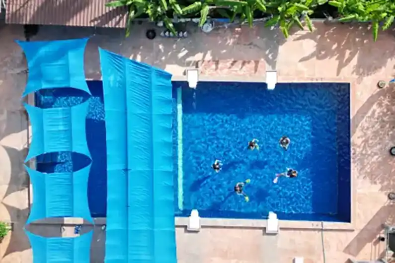 Crystal dive pool seen from above with drone